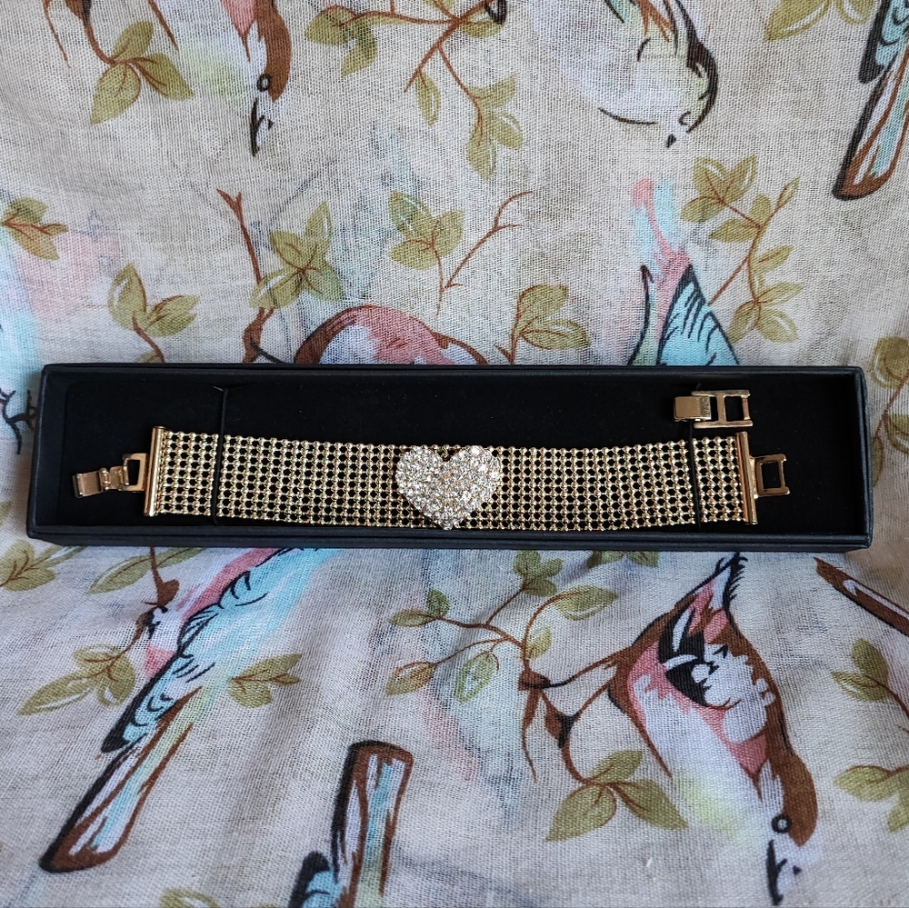 Gold Tone Vintage Ball Mesh Clear Crystal Heart Bracelet Extra Link NIB NWT - Picture 8 of 14